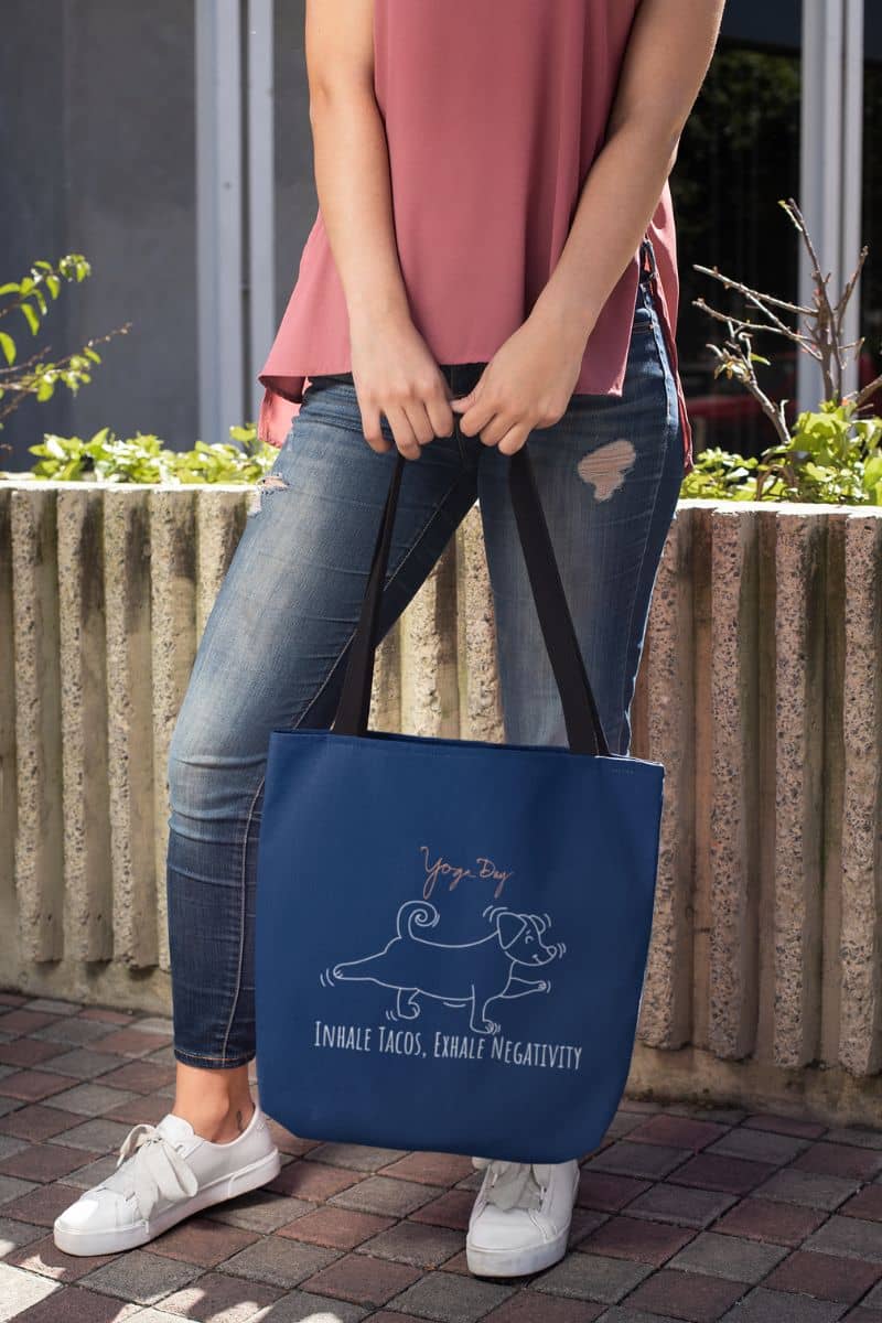 Inhale Tacos Exhale Negativity Tote Bag with a girl holding a tote bag