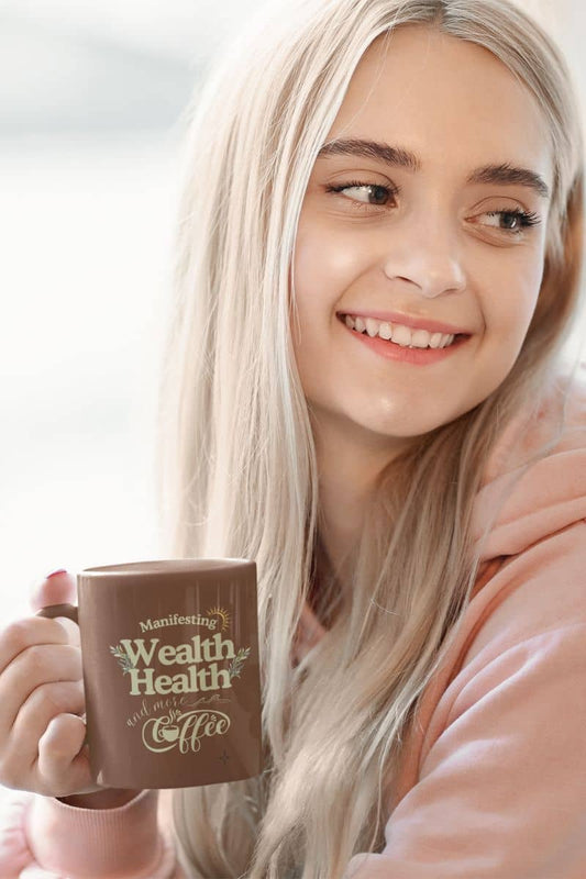 Inspirational coffee mug with a young girl smiling with a cup of coffee in her hand
