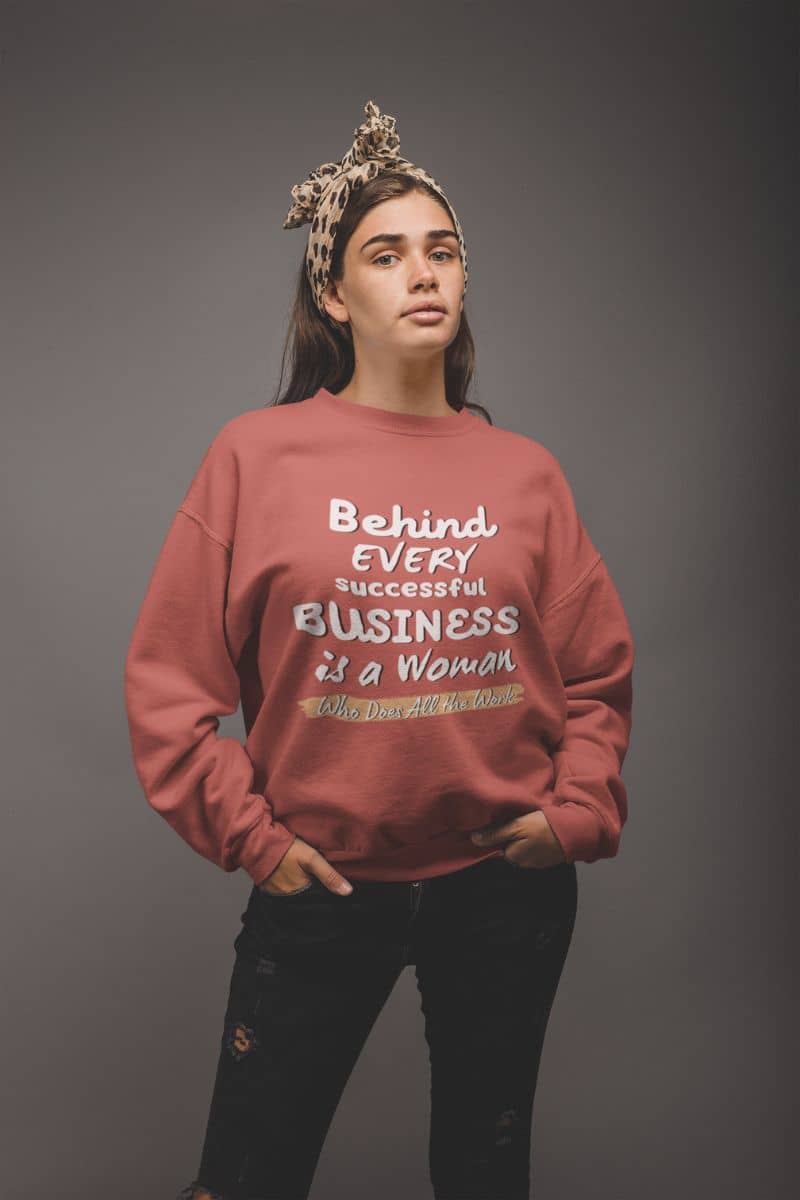 Inspirational sweatshirts with a woman standing posing with her hands in her pockets