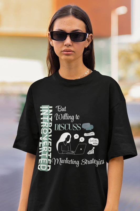Introvert marketer tee with a girl posing with glasses
