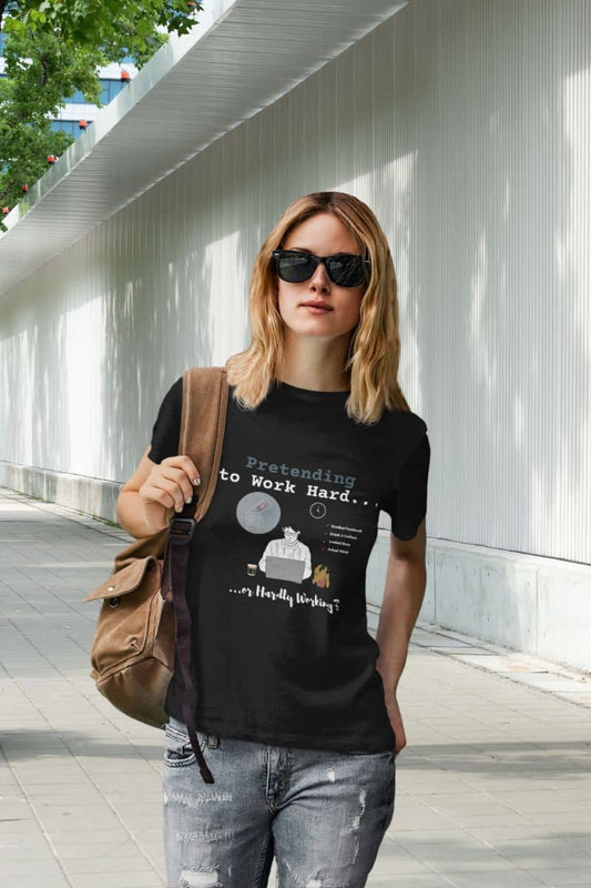 Introvert work shirt with a young girl carrying a backpack standing posing in front of the sidewalk of a building