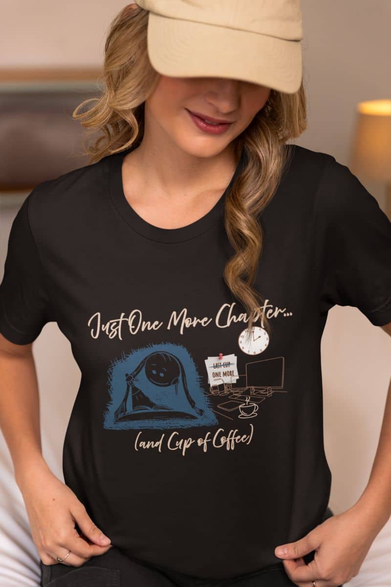 Just one more chapter t-shirt with a girl wearing a cap covering her face while posing on the bed