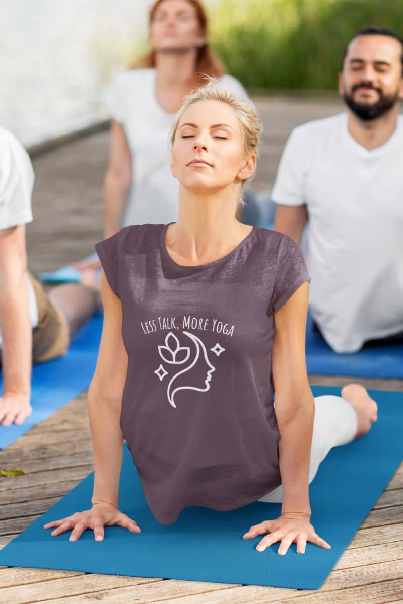 Less talk, more yoga t-shirt with the girl doing yoga with her friends in the yard