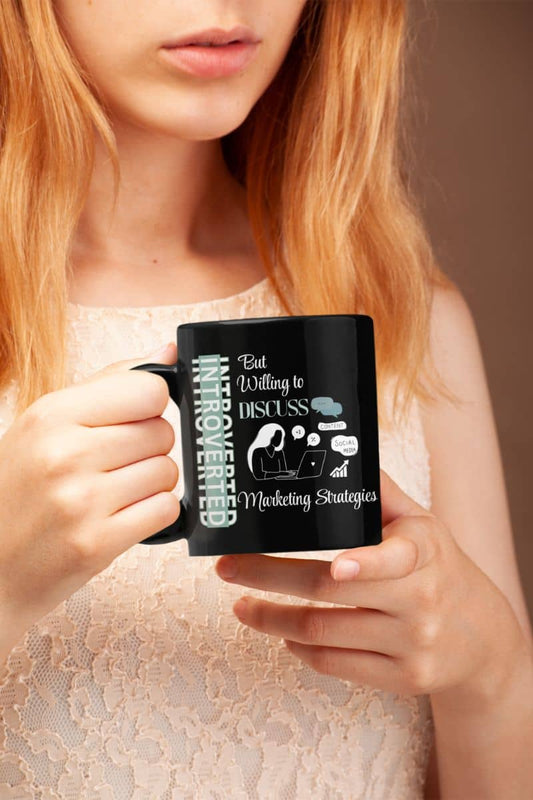 Marketing fuel mug with a girl holding a glass in front of her