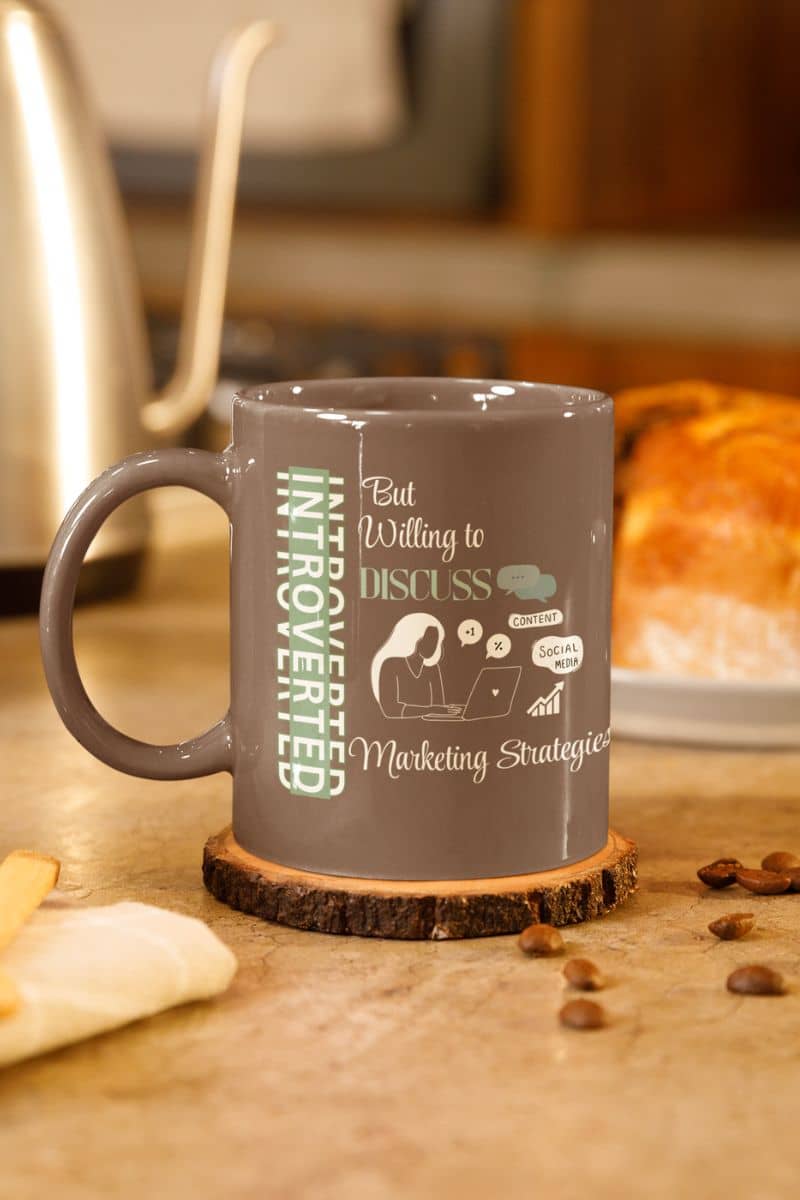 Marketing fuel mug with a cup on a wooden coaster