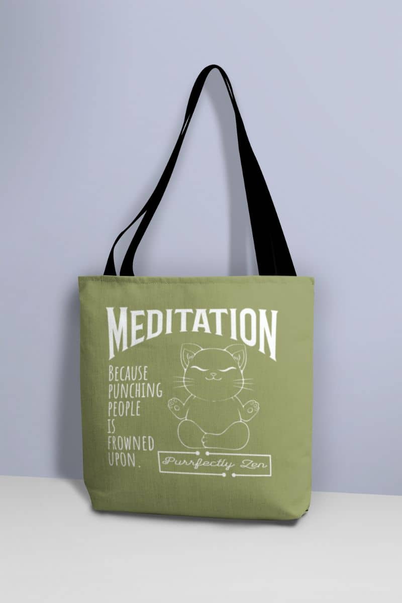Meditation tote bag with tote bag leaning against the wall