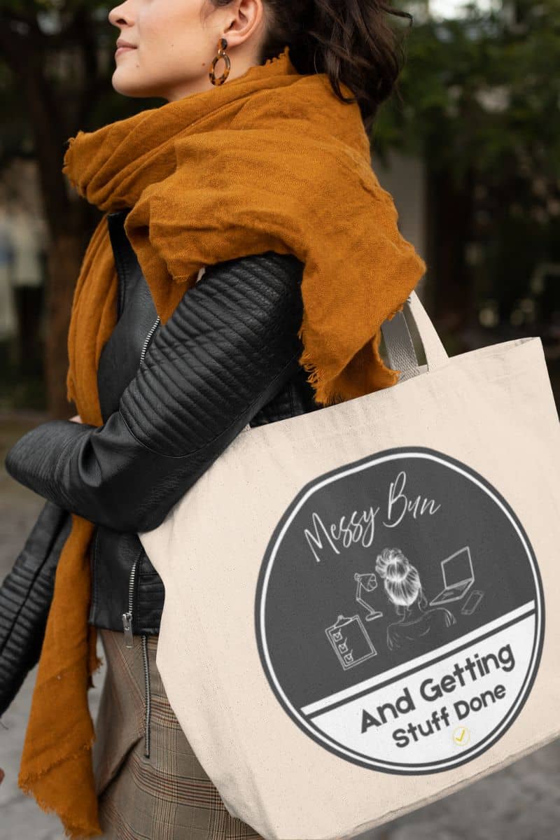 Messy bun tote bag with fashionable girl carrying tote bag walking on the street