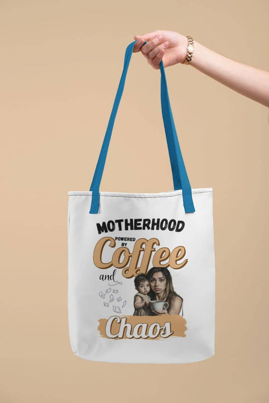 Mom life tote bag with a tote bag with 'Motherhood powered by Coffee and Chaos' text and a photo of a woman and child on a beige background.