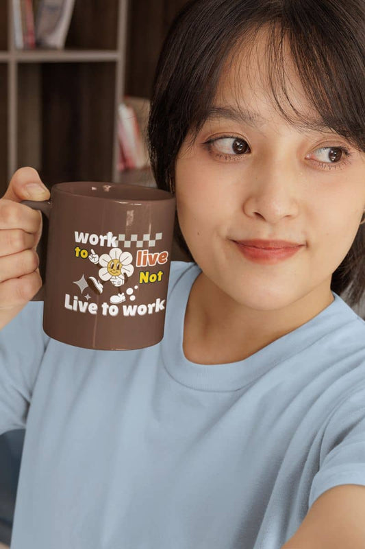 Motivational ceramic mug with a beautiful girl taking a selfie with a coffee cup in her office