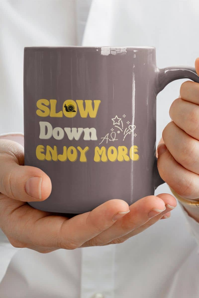 Motivational coffee mug with a woman holding a cup in front of her chest