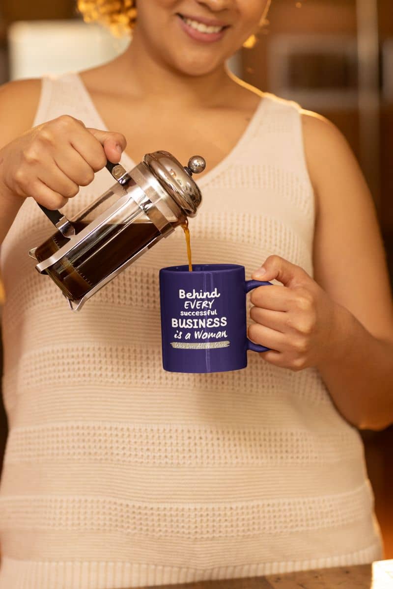 Motivational mugs with a girl pouring coffee into a cup