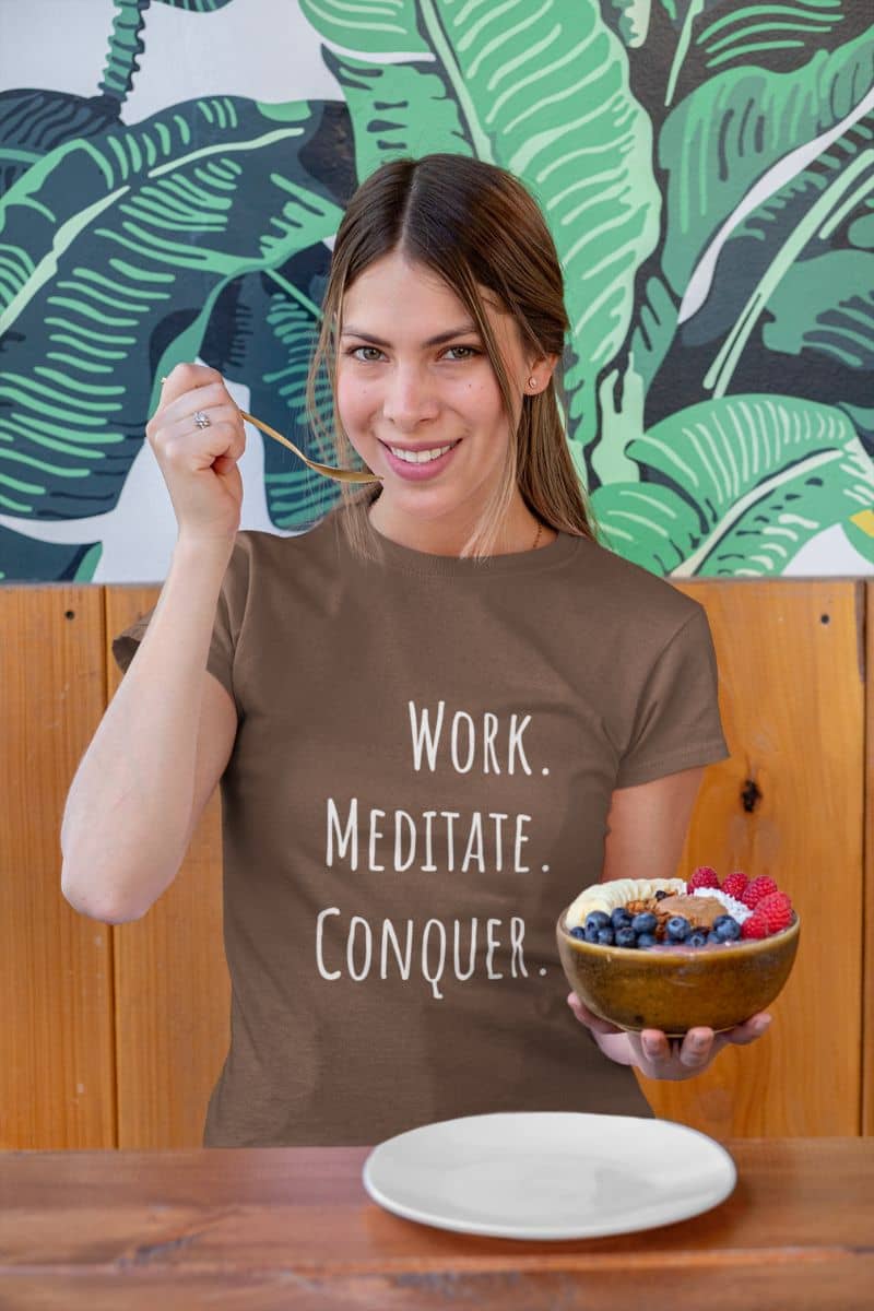 Motivational work mode t-shirt with a girl happily enjoying her healthy food