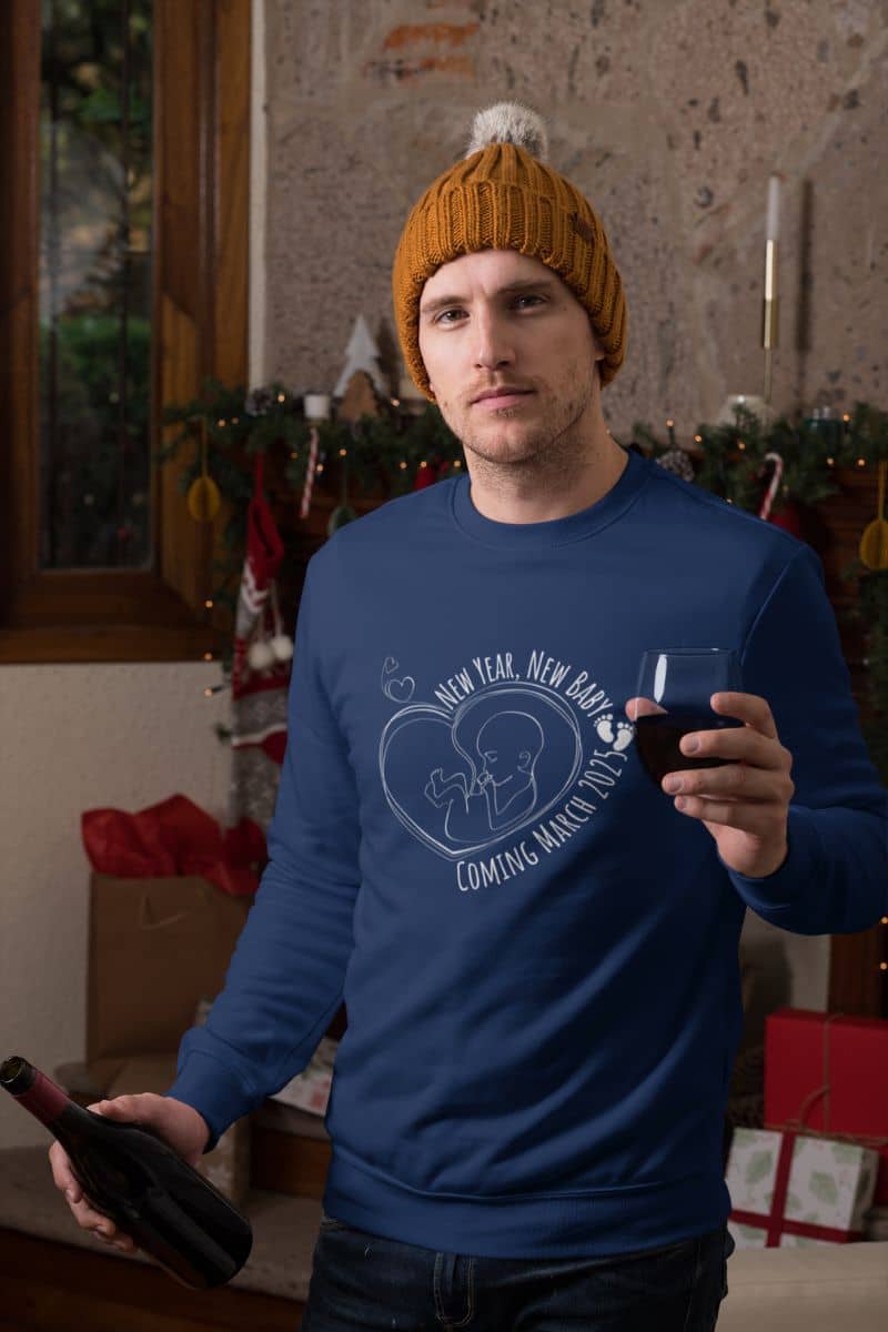 New year, new baby sweatshirt with a man on Christmas day with a bottle of wine in one hand and a glass of wine in the other