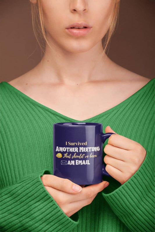 Office coffee mug with a girl wearing an off-shoulder top holding a cup in front of her chest