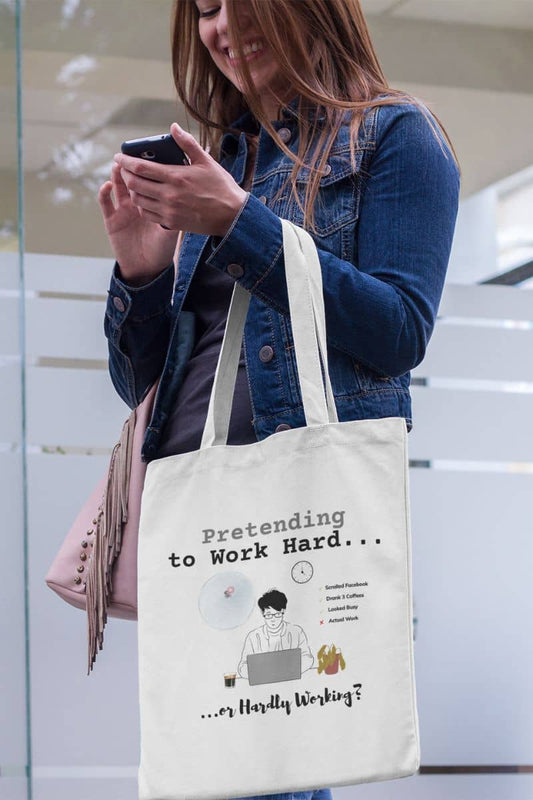 Overthinking tote for coworkers with the girl texting with a big smile while standing in front of the office door
