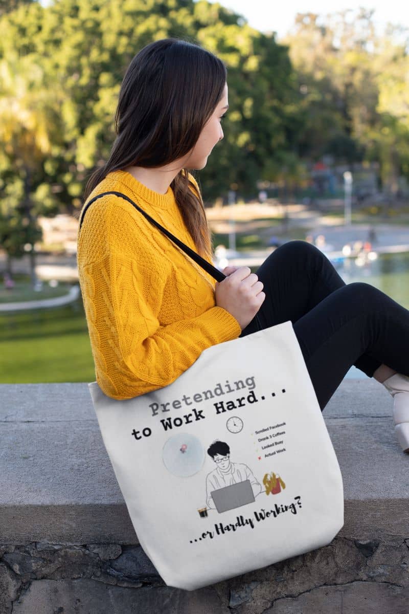 Overthinking tote for coworkers with girl carrying big tote bag sitting in park