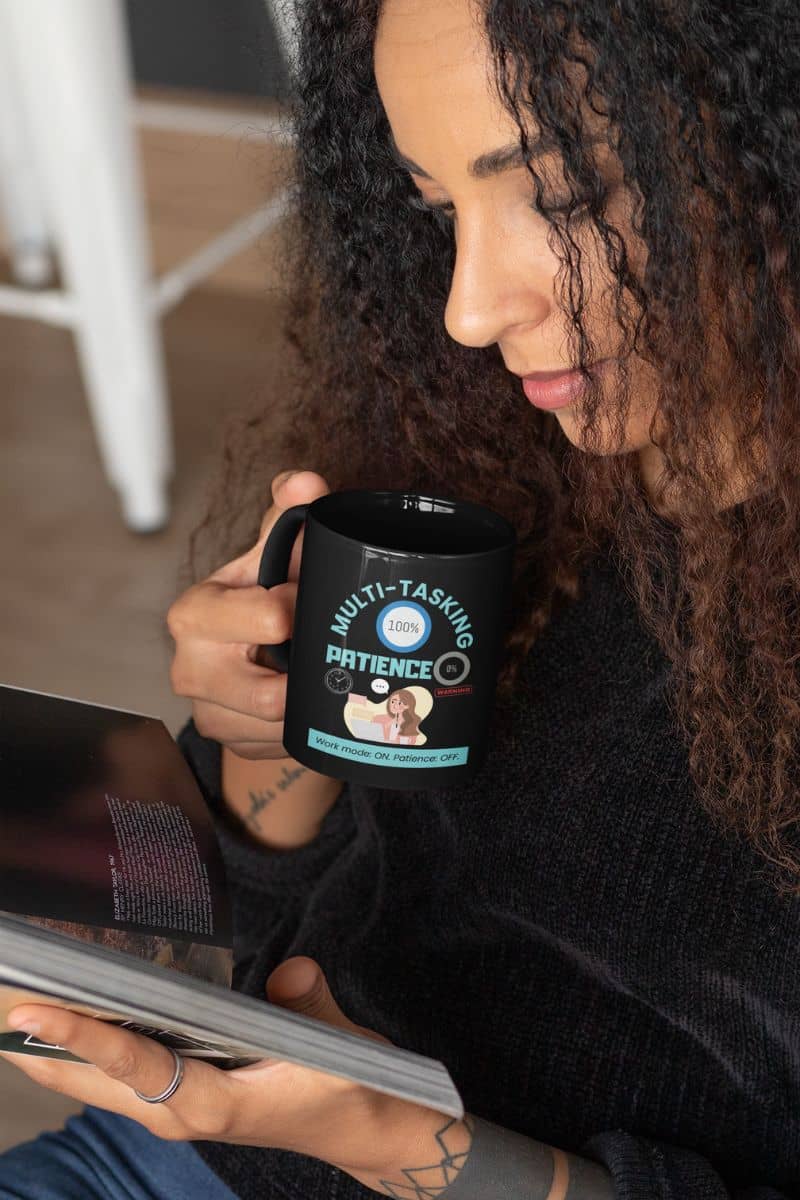 Patience OFF coffee mug with a girl sitting reading a book while the other hand holds a cup of coffee