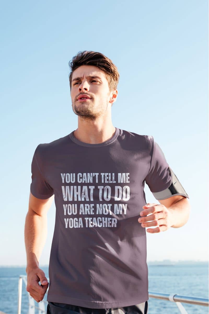 Playful yoga T-shirt with a guy jogging on the bridge
