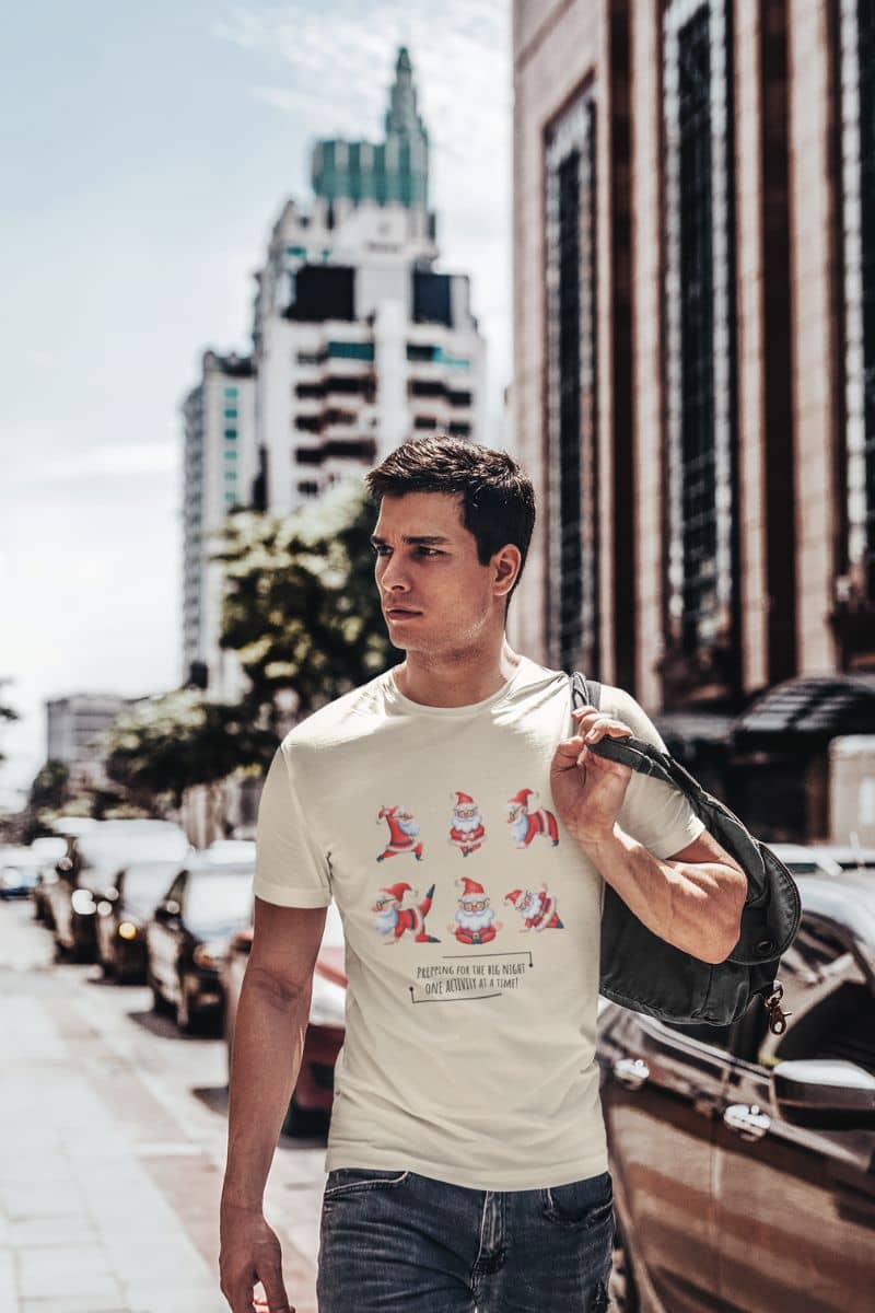Prepping For The Big Night One Activity At A Time T-Shirt with a man is walking and carrying a bag on his shoulder
