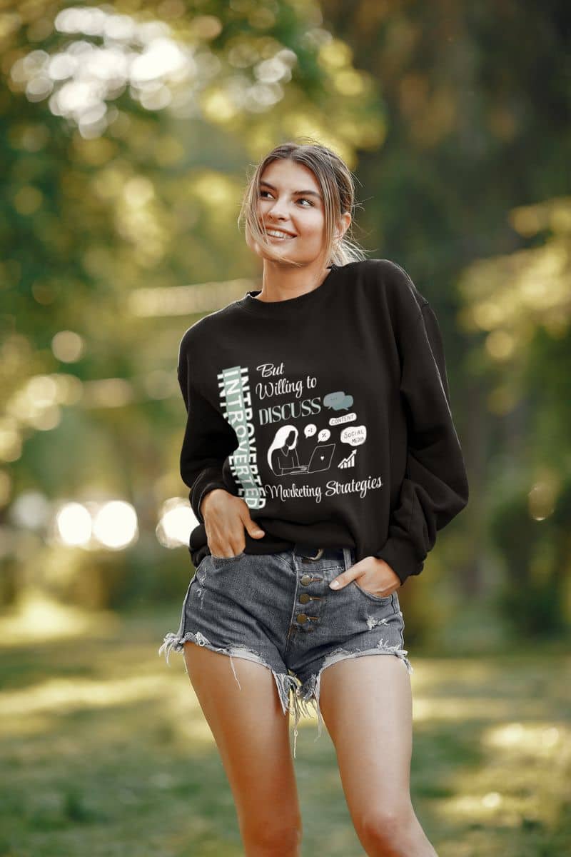 Quiet hustler sweatshirt with a girl posing in the garden