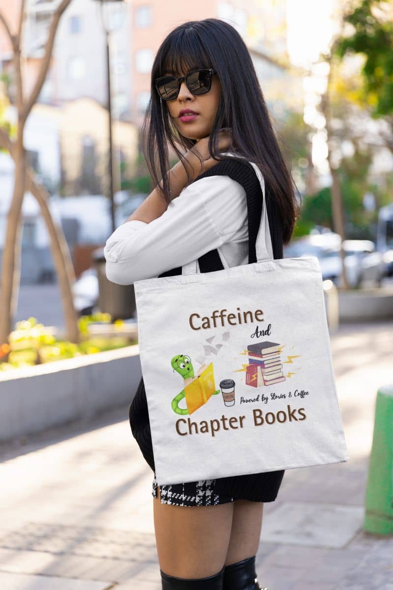 Reading and coffee vibes tote with a young girl carrying a tote bag standing and posing on the side of the road