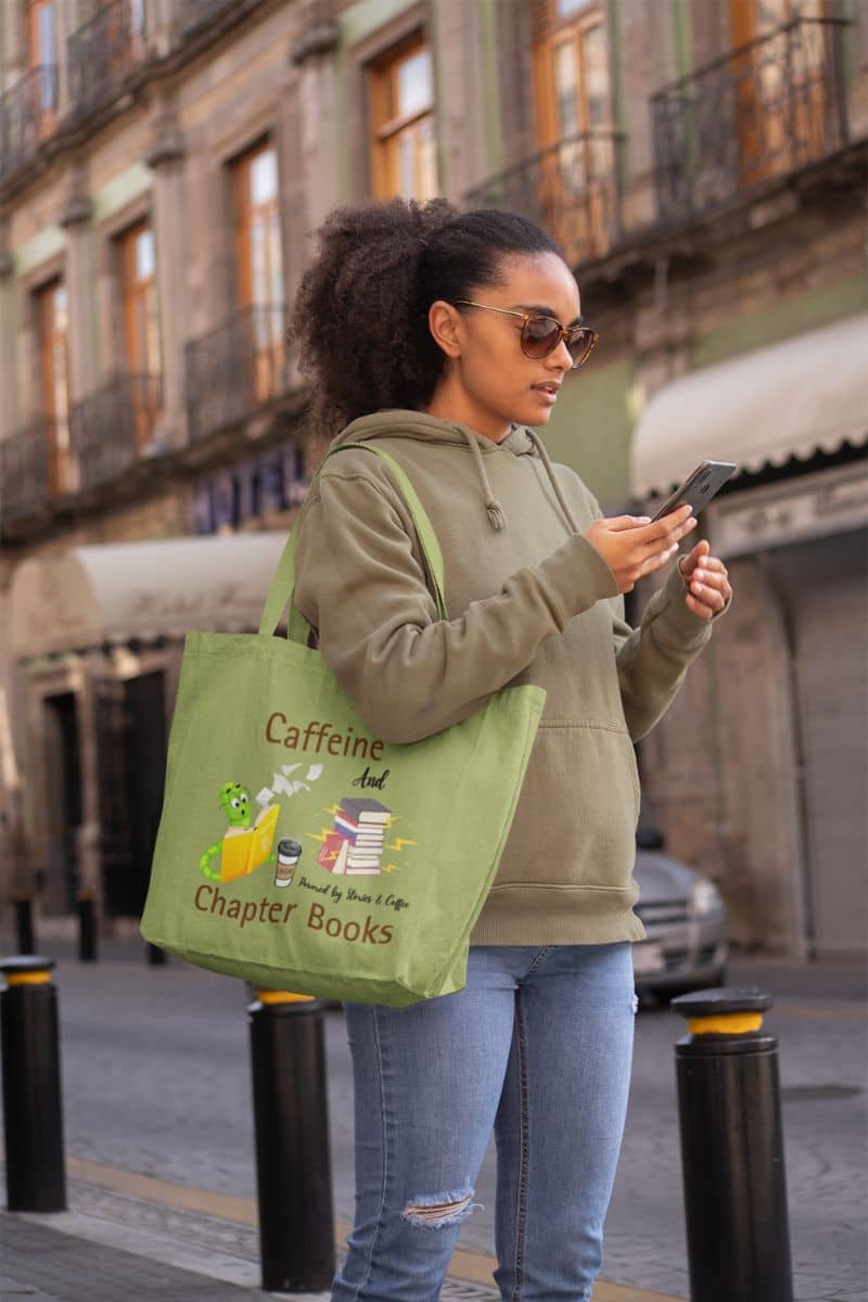Reading and coffee vibes tote with a girl who stopped to text while walking down the street