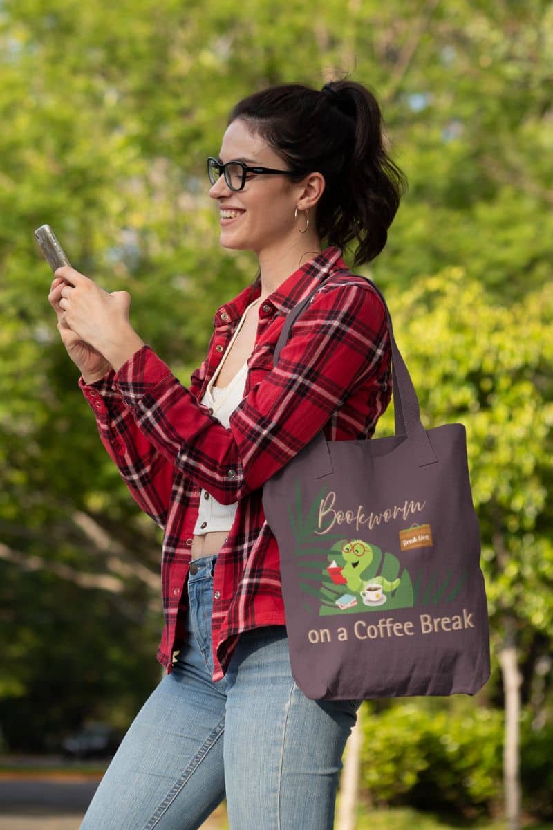 Reading break tote bag with a girl texting and smiling while looking at her phone