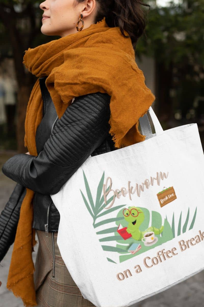 Reading break tote bag with a stylishly dressed girl carrying a tote bag walking around town