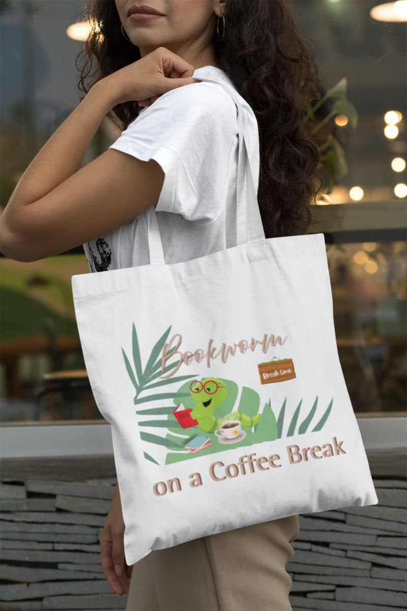 Reading break tote bag with a girl walking down the street with a tote bag