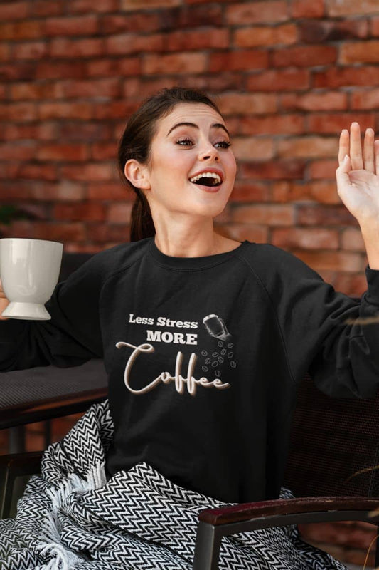 Relaxed coffee sweatshirt with a girl waving while still holding a cup of coffee