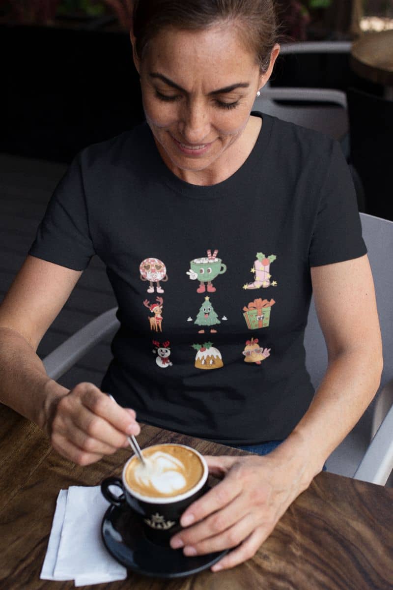 Retro Christmas Cheer - Festive Fun T-Shirt with a woman over a cup of coffee