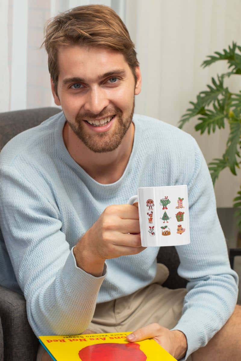Retro Christmas Vibes Mug With a man he is holding a glass and a magazine