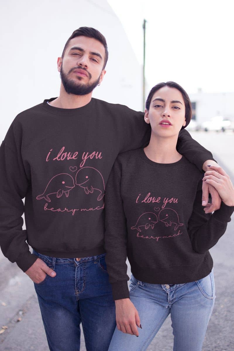 Romantic Dolphin love sweatshirt with a couple of lovers posing arm in arm on the street in couple sweatshirts for valentine's day