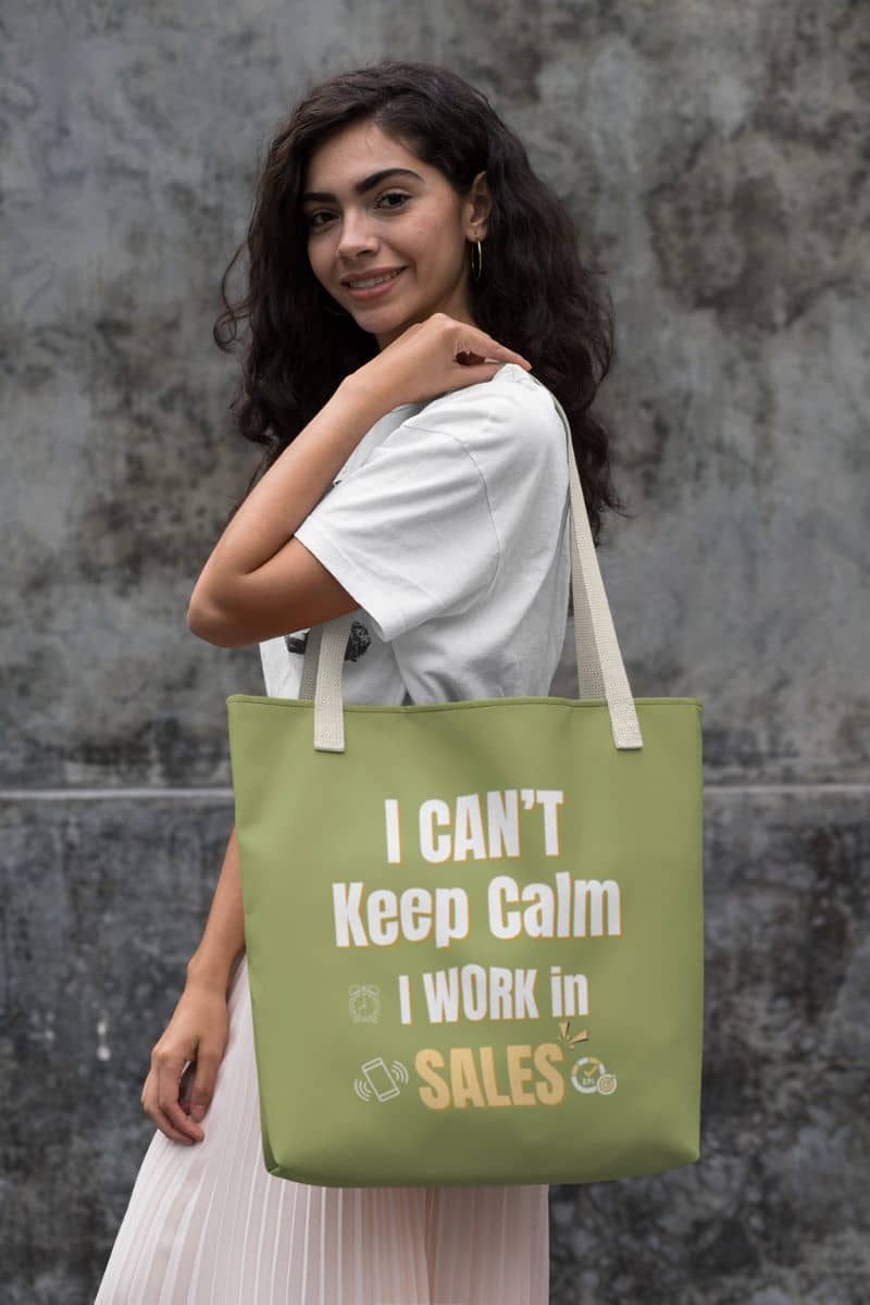 Sales rep tote bag with a girl standing posing in front of an old wall