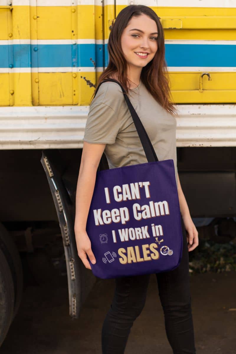 Sales rep tote bag with a young girl posing in front of an old truck