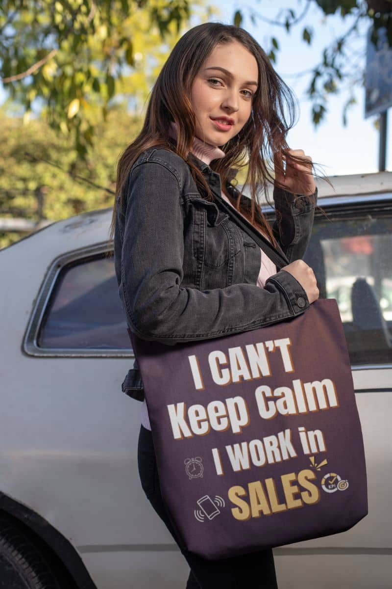 Sales rep tote bag with a girl posing in front of an old car