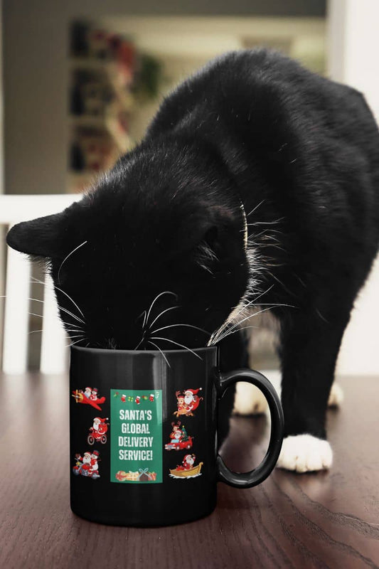 Santas Global Delivery Service Mug with black cat drinking water from glass