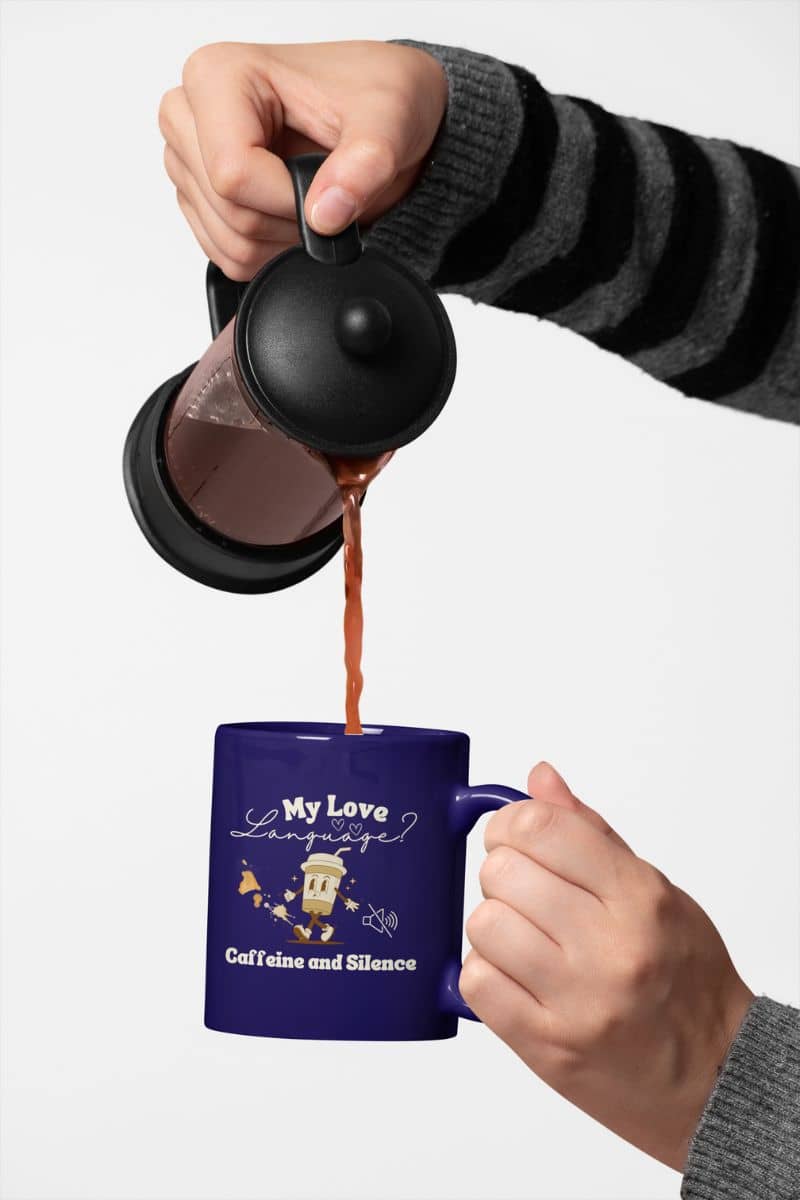 Sarcastic coffee mug with a person pouring coffee into a cup