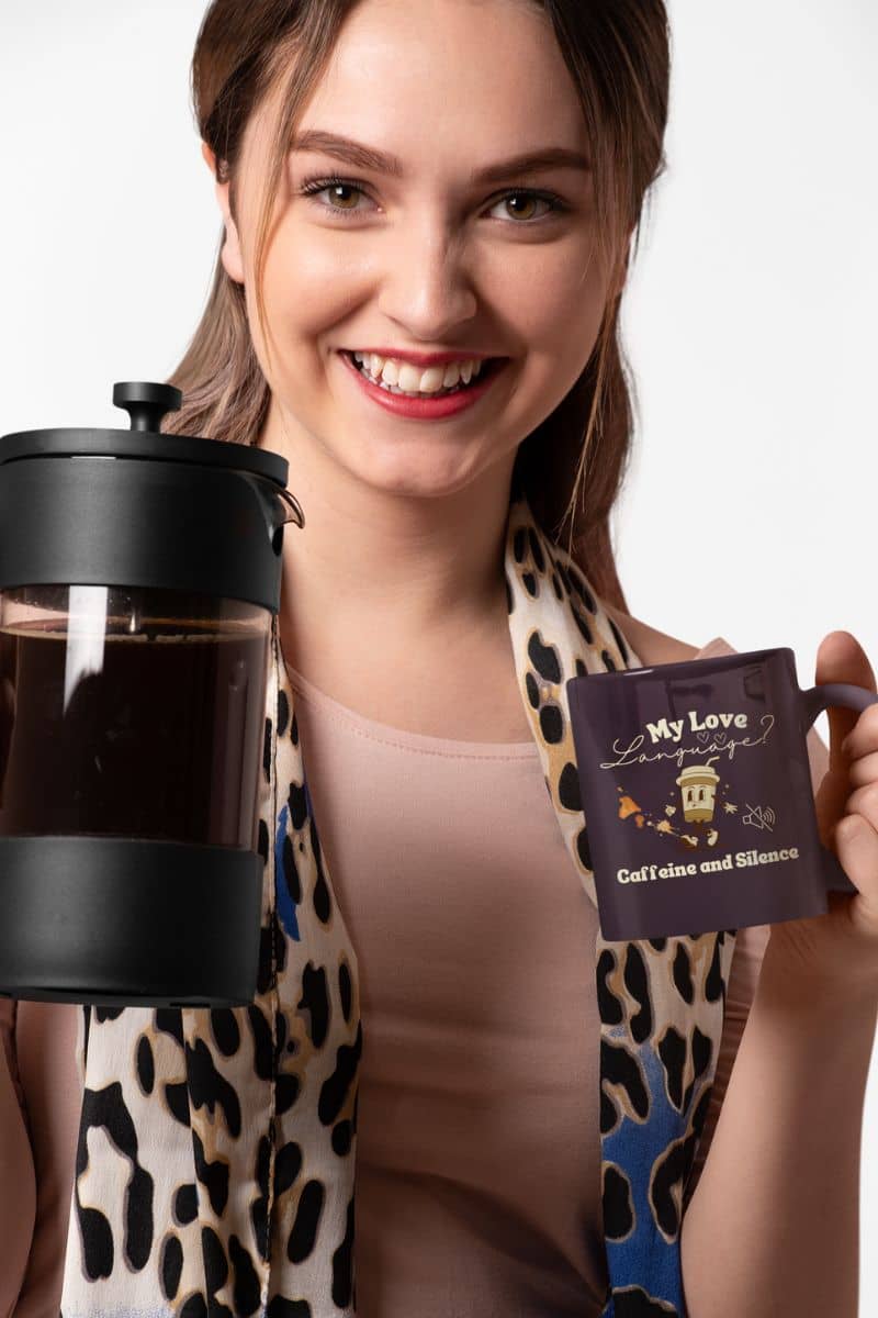 Sarcastic coffee mug with a pretty girl holding a coffee pot and a cup of coffee in her hand