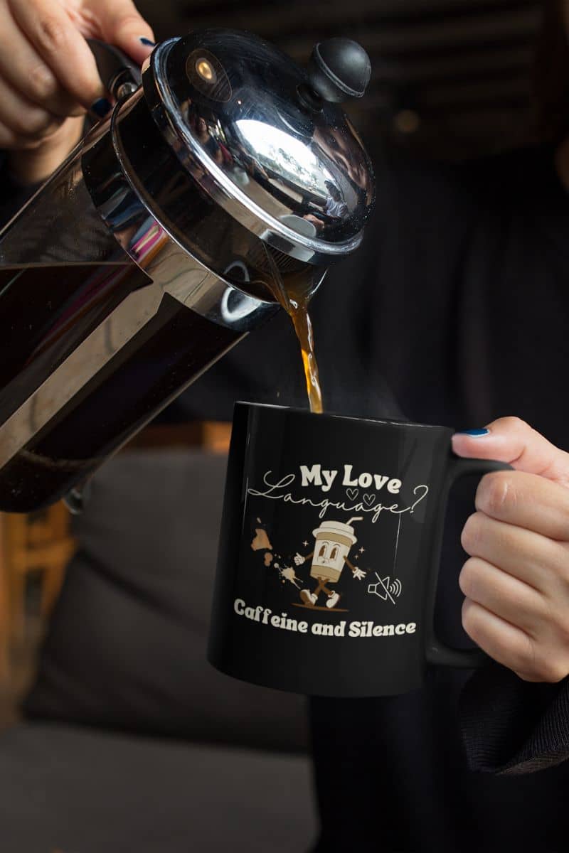 Sarcastic coffee mug with a waman pouring coffee into a cup