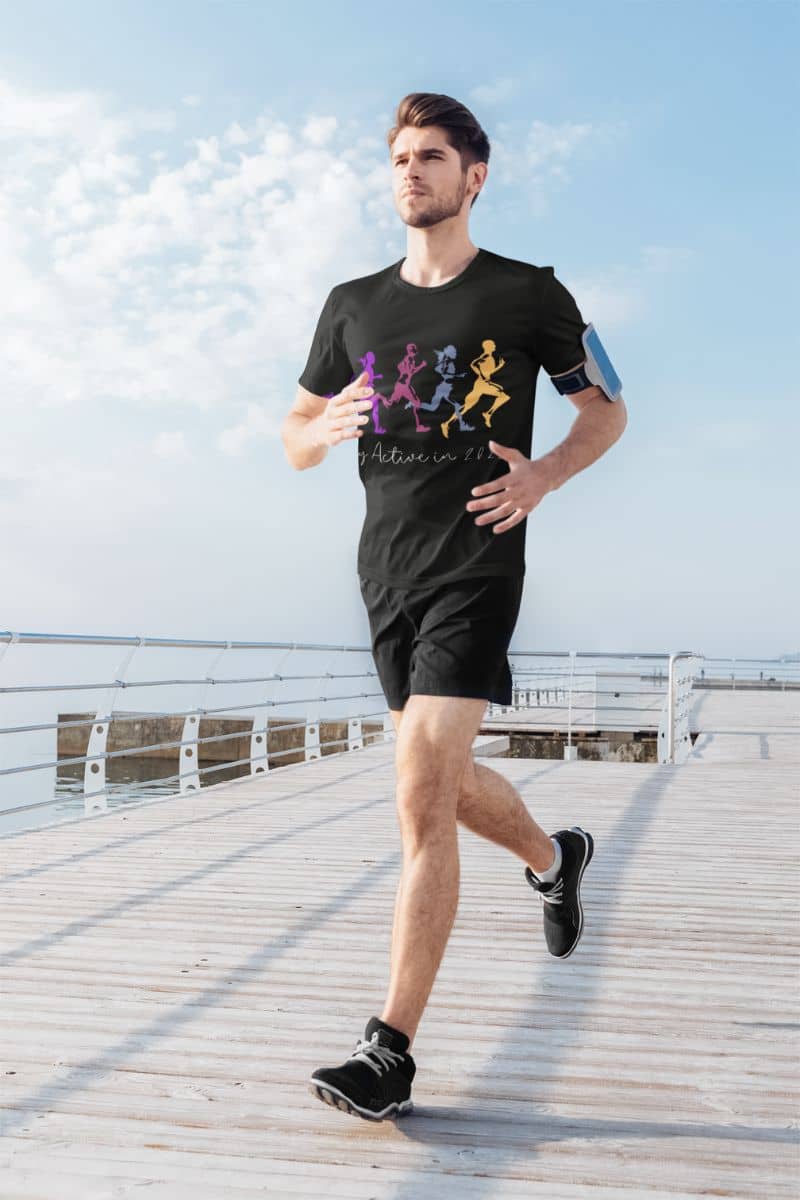 Stay Active in 2025 T-Shirt with a man who was jogging on the bridge