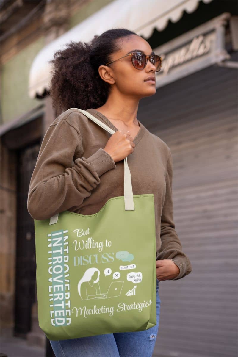 Strategic introvert tote with a girl carrying a tote bag walking down the street