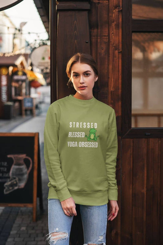 Stressed? blessed, yoga obsessed sweatshirt with a beautiful girl posing next to a wooden wall
