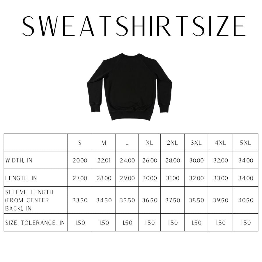 Black sweatshirt with size chart on a white background