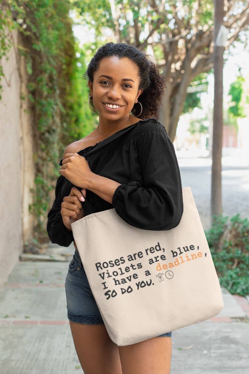 Tote bag for busy people with a girl posing with a large tote bag