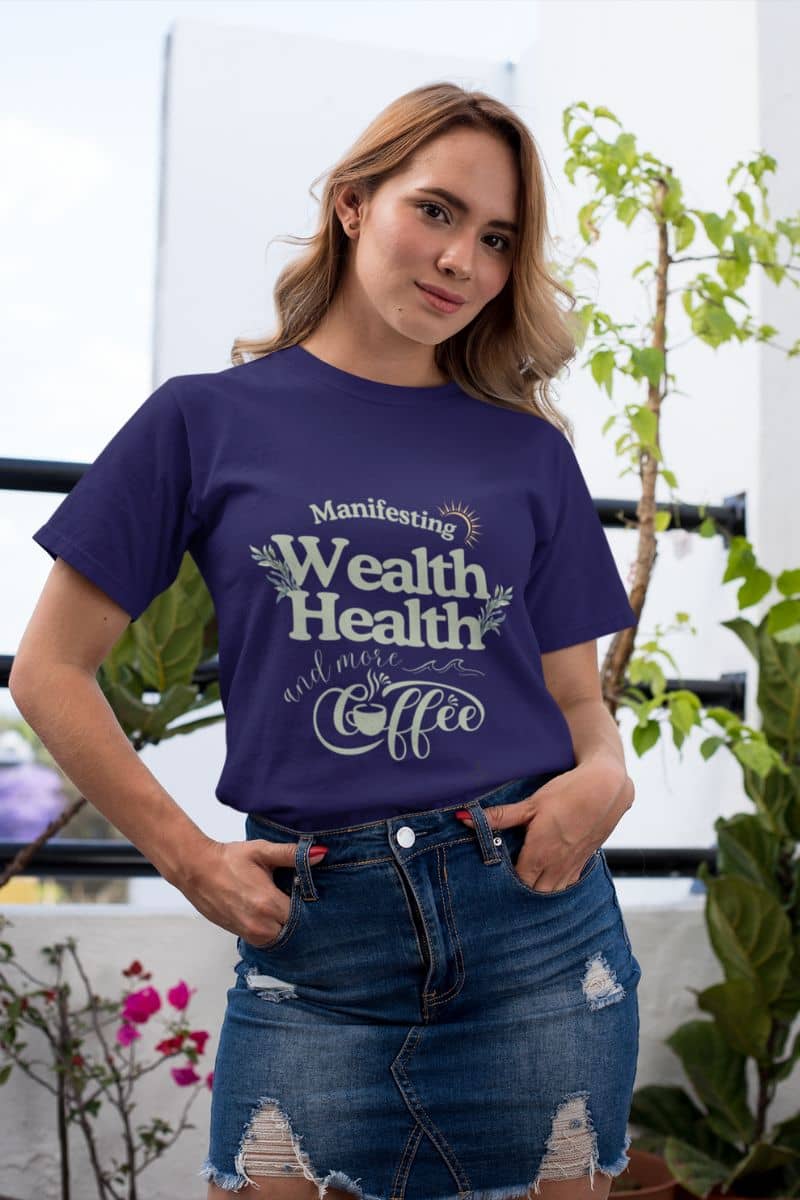 Trendy manifestation t-shirt with young girl posing outside on balcony in t-shirt and jeans skirt