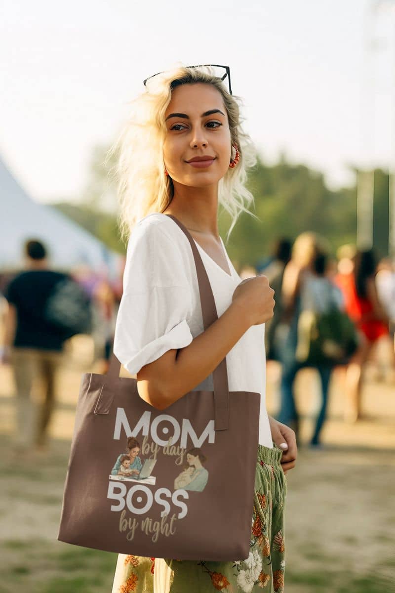 Trendy tote bag with a girl carrying a tote bag at the festival