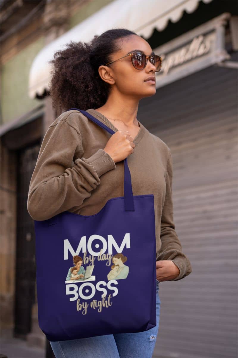 Trendy tote bag with a girl walking down the street with a tote bag