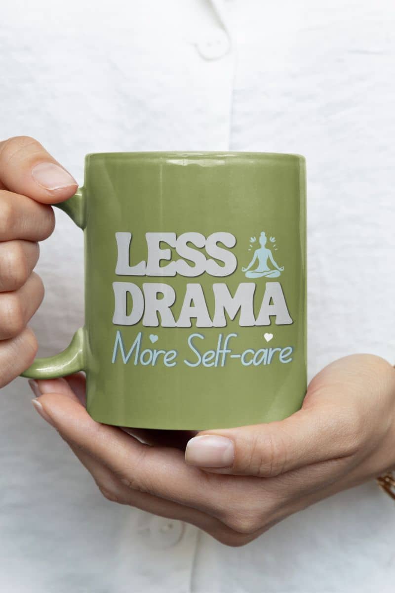 Unique ceramic mug with a girl holding a cup in front of her chest