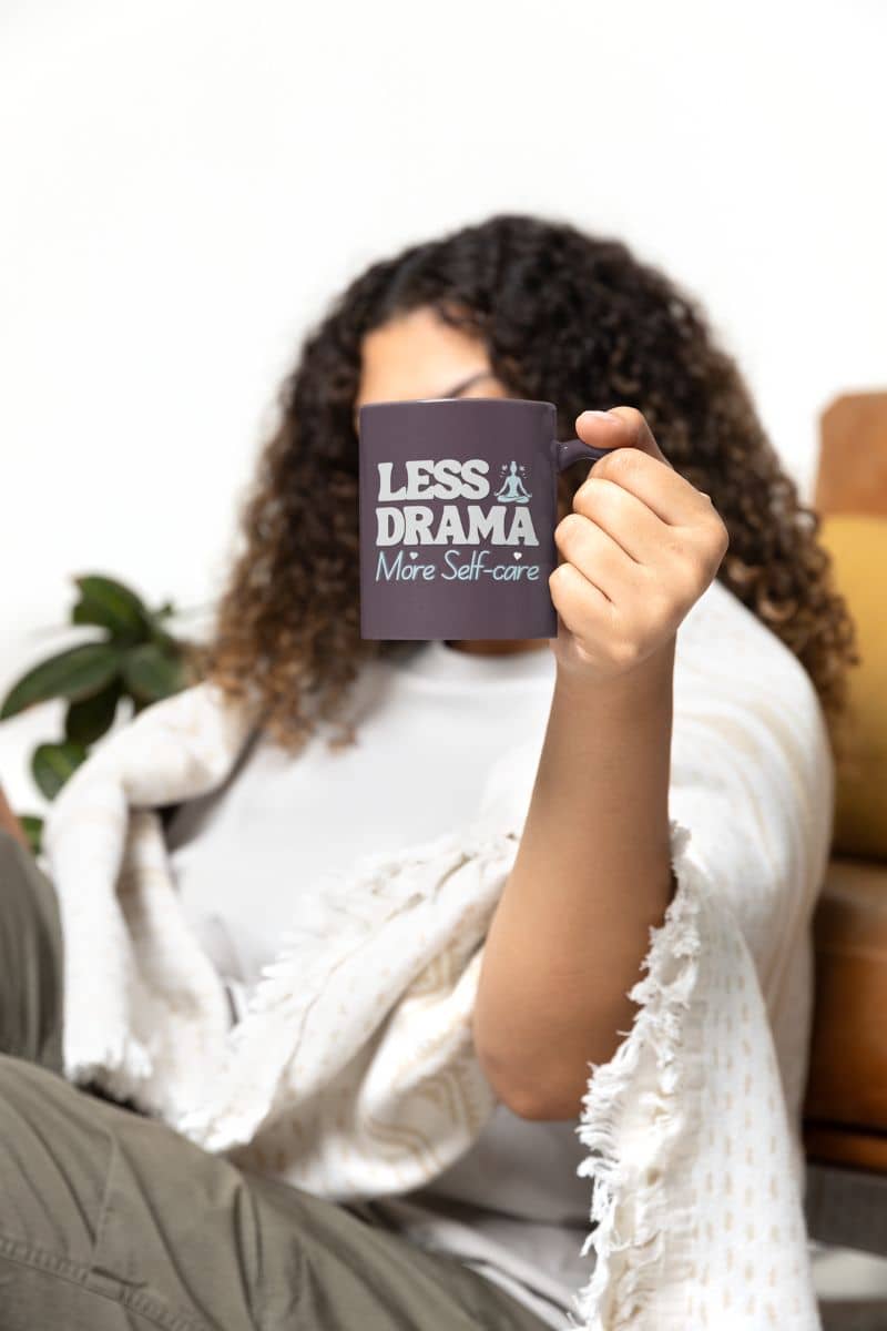 Unique ceramic mug with a girl holding a cup covering her face